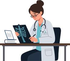 A doctor in a white coat examining an X-ray on a clipboard while seated at a desk in a modern office illustration vector