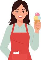 Cheerful woman in red apron holding colorful ice cream cone in a minimal flat design illustration vector