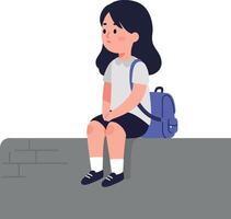 Young girl sitting on a stone wall, wearing a school uniform, with a backpack, in a flat and colorful illustration vector