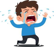 Young boy expressing intense emotions, crying with tears while raising his arms, illustrated in a colorful, flat design art vector