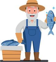 Cheerful fisherman in blue overalls holding a shiny fish beside a wooden crate in a flat illustration vector