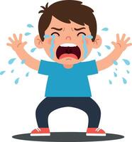 A distressed young boy with a blue shirt and dark pants crying loudly while tears stream down his face in a flat illustration vector