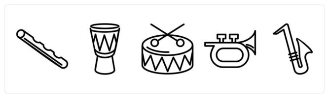 A set of 5 music icons as flute, ethnic drum, snare drum vector