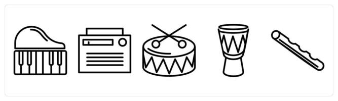 A set of 5 music icons as piano, tape recorder, snare drum vector