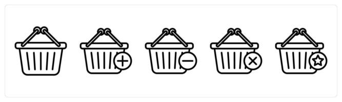 A set of 5 shopping icons as shopping basket, add to basket, remove from basket vector