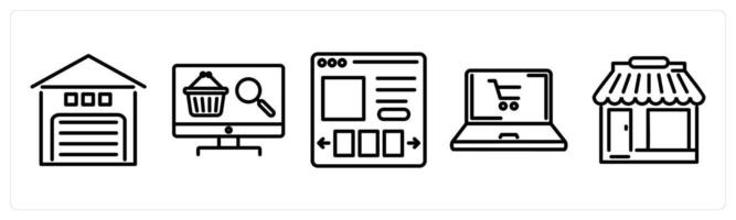 A set of 5 shopping icons as store, online store search, product details vector