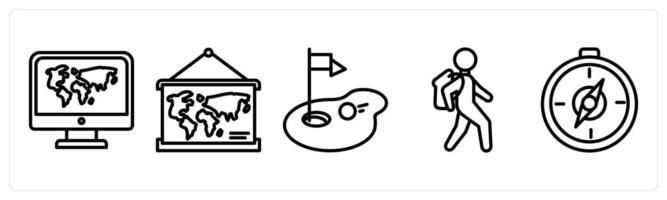 A set of 5 travel icons as online map, political map, destination vector