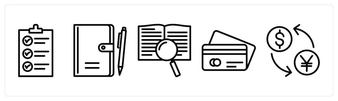 A set of 5 travel icons as checklist, notepad, search content vector