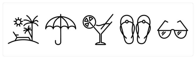 A set of 5 travel icons as beach, umbrella, cocktail vector