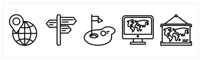A set of 5 travel icons as global location, arrow direction, destination vector