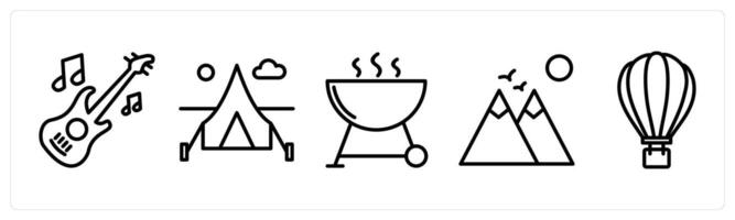 A set of 5 travel icons as guitar, camping tent, mountains vector