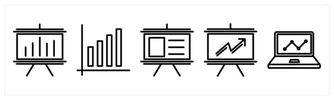 A set of 5 business icons as board presentation, bar graph, board analysis vector