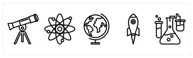 A set of 5 education icons as telescope, atom, globe vector