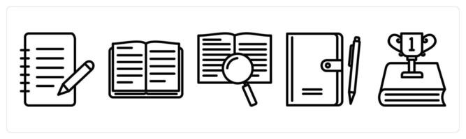 A set of 5 education icons as writing, open book, search content vector