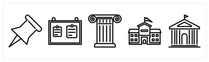 A set of 5 education icons as paper pin, notice board, pillar vector