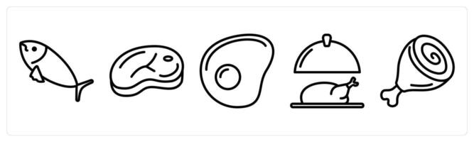 A set of 5 food icons as fish, chicken slice, fried chicken vector