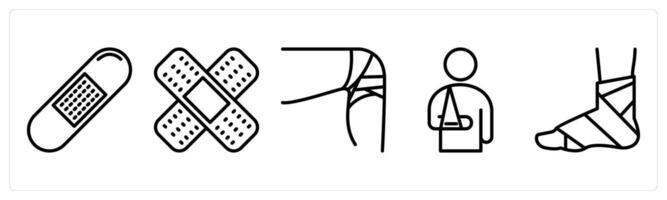 A set of 5 medical icons as bandage, leg fracture, arm fracture vector
