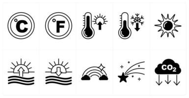 Set of of 10 weather icons as celsius, fahrenheit, high temperature vector
