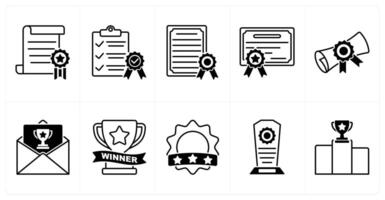 Set of of 10 award icons as certificate, qualified, degree vector