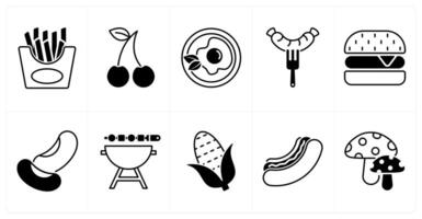 Set of of 10 food and drink icons as french fries, cherry, omelette vector
