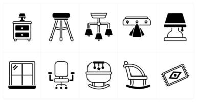Set of of 10 furniture icons as slide table, bar stool, ceiling lamp vector