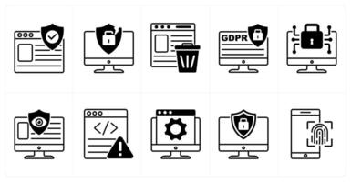 Set of of 10 gdpr icons as protected website, security breach, right to be forgotten vector