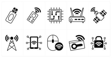Set of of 10 technology icons as pen drive, remote control, chip vector