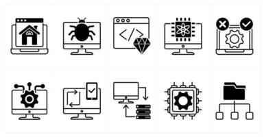 Set of of 10 technology icons as homepage, bug, clean code vector