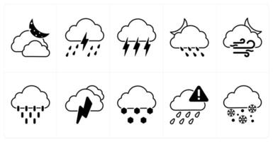 Set of of 10 weather icons as cloudy night, lightning rain, lightning vector