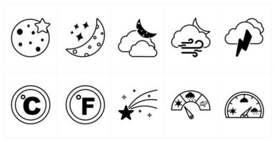 Set of of 10 weather icons as full moon, starry night, cloudy night vector