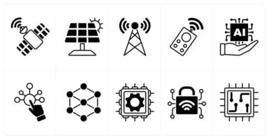 Set of of 10 technology icons as satellite, solar panel, signal tower vector