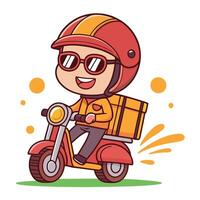 cartoon delivery boy riding a scooter with a box on the back vector