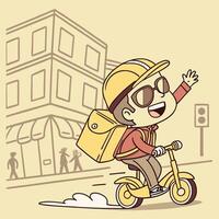 cartoon boy riding a scooter with a box on the back white background vector