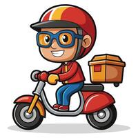 cartoon delivery boy riding scooter with a box on the back vector