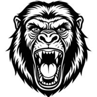 gorilla head with open mouth and teeth white background, vector