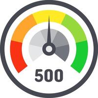 Colorful speedometer with gray needle pointing average score of five hundred, segmented in different colors from red to green, representing performance measurement and efficiency vector