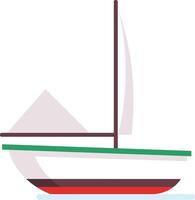 Small white and green sailing boat with a hoisted sail and tall mast, gently floating on calm water, featuring a simple flat design illustration that evokes a sense of leisure and adventure vector
