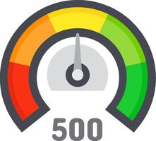 Speedometer with colorful sections pointing average performance with number 500 below, measuring speed, risk, performance, and other metrics vector