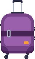 Purple rolling suitcase with dark purple horizontal stripe and orange label, ready for business trip or vacation, isolated on white background vector