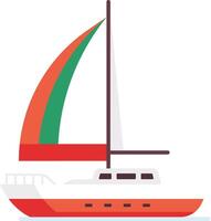 Sailboat sailing on water, featuring a colorful sail with orange and green sections, a white body, and a red hull, perfect for representing leisure, travel, and sea adventures vector