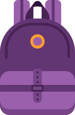 Simple purple backpack featuring an orange circle design and a front pocket secured by a strap and buckle closure, ideal for students or travelers