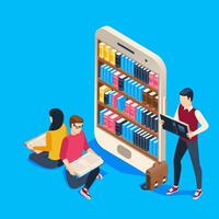 Students are reading paper books while a teacher is taking another book from a giant smartphone screen displaying an online library bookshelf, promoting online education and e learning vector