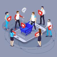 People engaging in positive feedback and adding likes to shopping carts on smartphones, enhancing online store ratings and boosting customer satisfaction in e commerce vector