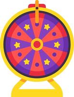 Wheel of fortune with purple and red segments decorated with golden stars spinning on yellow stand representing luck, chance and prize during lottery or gambling game vector