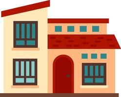 Charming two story house stands out with its red tiled roof, arched wooden door, and multiple windows, evoking a warm and inviting atmosphere vector