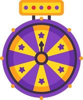 Colorful wheel of fortune spinning with stars on purple and orange sections and lights on top indicating a game of chance and prize winning vector