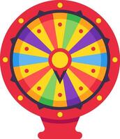 Fortune wheel spinning with many colored segments and a yellow pointer indicating winning options, creating excitement and anticipation for games, raffles, or contests vector