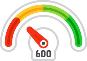 Speedometer pointing average performance with red needle and colorful scale from red to green and number 600, representing average performance or credit score vector