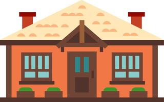 Simple illustration of a cozy orange house with a thatched roof, two chimneys, a wooden door and windows, and potted plants, representing concepts of home, family, and real estate vector