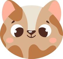 Cute cartoon cat face with large eyes and a playful expression. The design features a round, stylized appearance with brown and cream markings, perfect for children's illustrations or decor vector